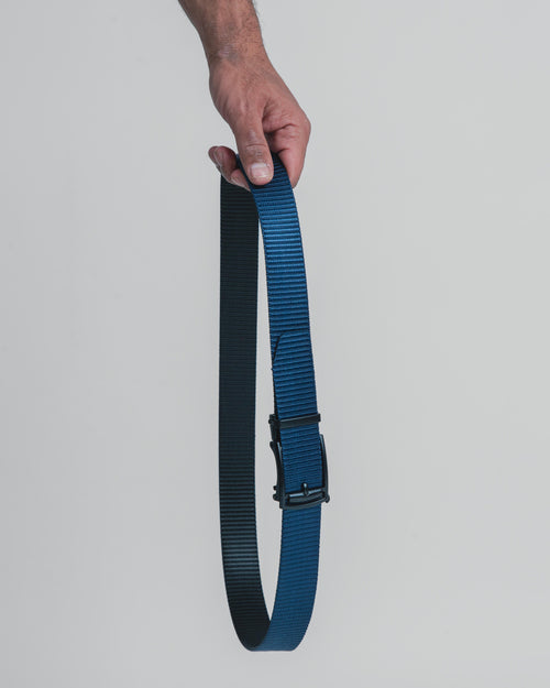 A hand holding a blue belt